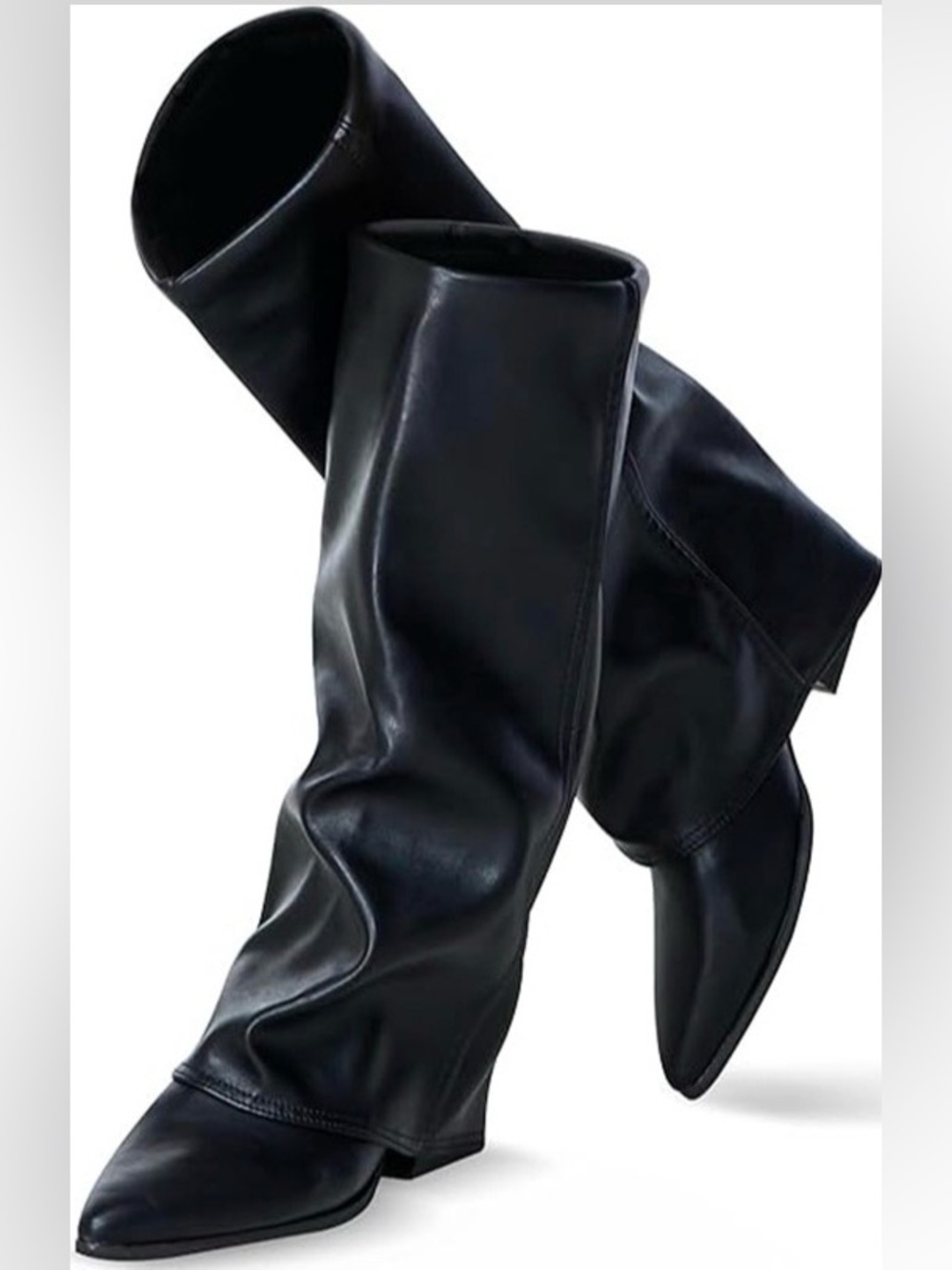 Black Fold Over Shark Knee High Boots Pointed Toe Block Heel Size 8